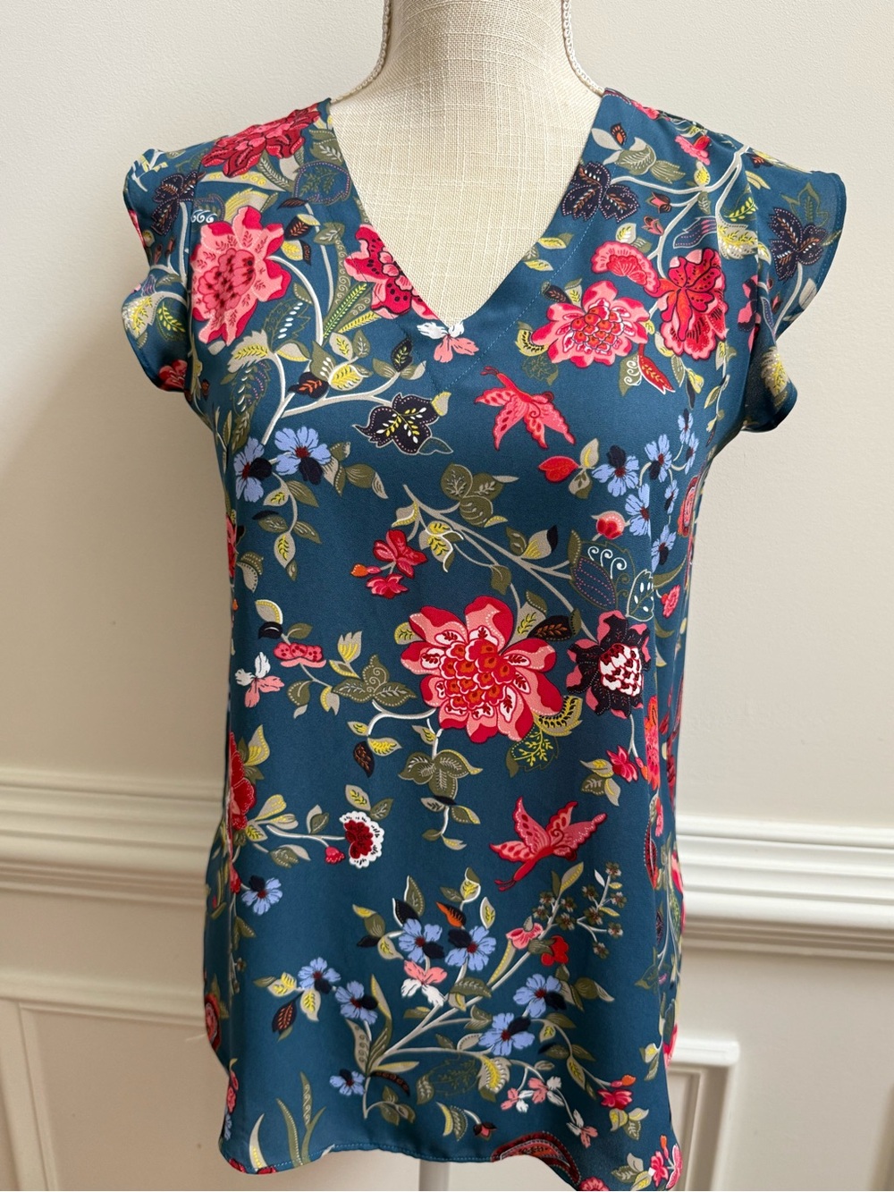 LOFT Teal Floral V-Neck Blouse